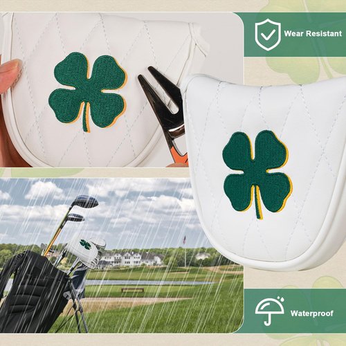 Golf Putter Headcover, Four-Leaf Clover Putter Cover Blade Putter Cover Mallet, White (for Mallet)