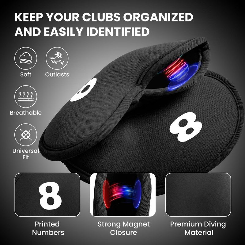 Golf Iron Head Covers Magnetic Soft Protection Printed Numbers Value Set, Durable Neoprene Headcover for Irons, Lightweight in Blue Black Pink for Men Women (Black)