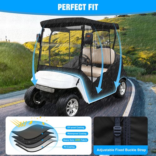 iLSKW Golf Cart Driving Enclosure 2 Passenger Only for EZGO TXT & RXV Cart with Roll Up Door Zipper Design, 4-Side Clear Windows 600D Heavy Duty Rain Cover, Black