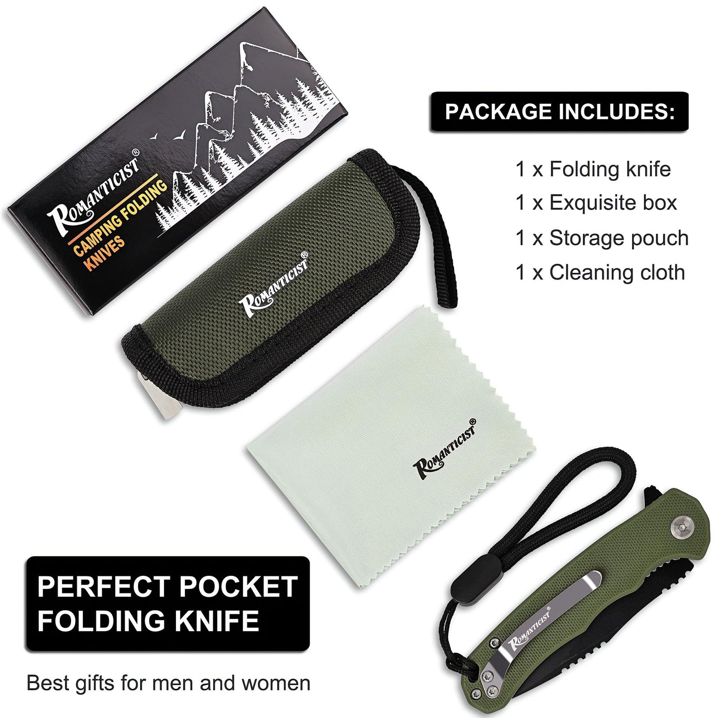 ROMANTICIST Folding Pocket Knife - 3.15" D2 Steel Blade & Non-Slip G10 Handle - Pocket Knife for Camping, Hiking and Outdoor Tasks - EDC Folding Knife with Clip & Lanyard - Unique Gifts for Men Women