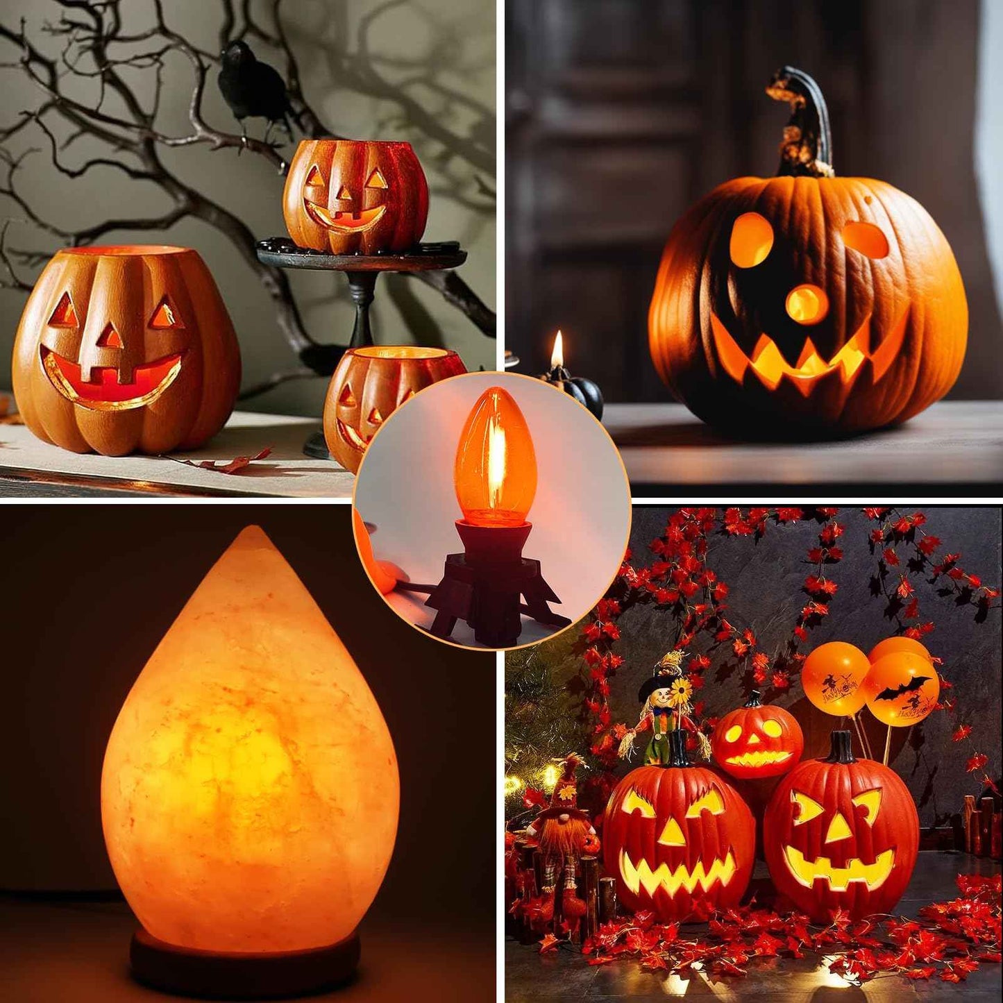 4 Pack Accessory Cord with One LED Orange Light Bulb, 6Ft Black Cord Halloween Night Lights with On/Off Switch Plugs, C7 Clips Indoor String Lights for Halloween Pumpkin Christmas Village House Crafts