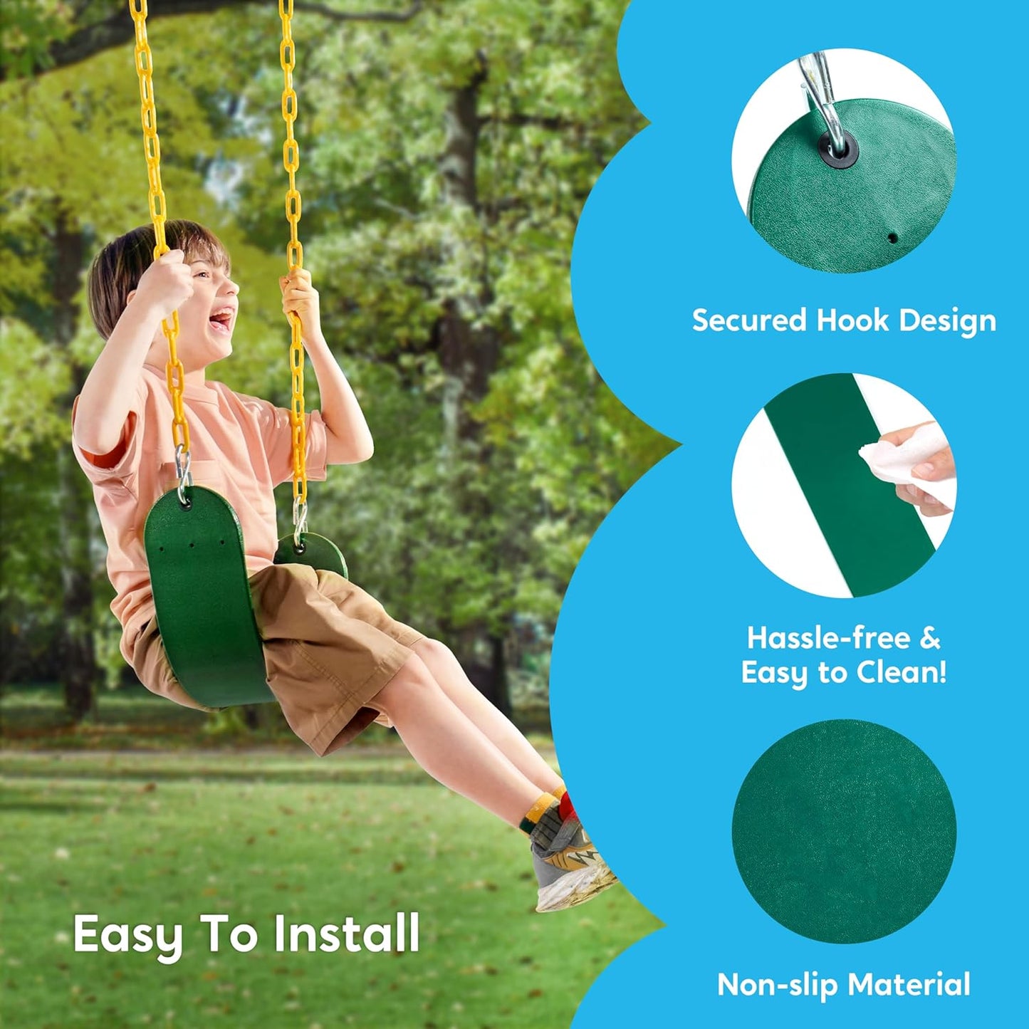TURFEE Swing Set Accessories - 3 Pack with Gym Rings, Trapeze Bar & 2 Swings - Green Outdoor Play