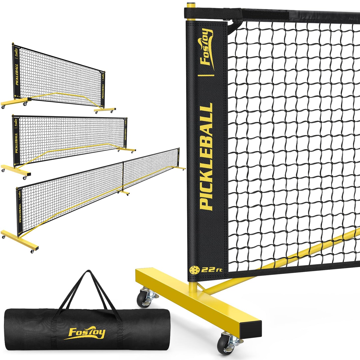 Pickleball Set Net with Wheels, Portable 3in1 Pickle Ball Net with Carry Bag- 3 Size Options, Designed for All Weather Conditions, Steady Metal Frame & Take Down for Practice & Games (Black&Yellow)