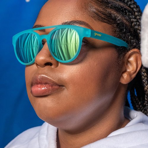 goodr Dr. Ray, Sting Polarized Sunglasses, Medium Sized (PHG), Blue Solid Frames with Aqua Blue Mirrored Reflective Lenses, UV400 Protection, No Slip, No Bounce