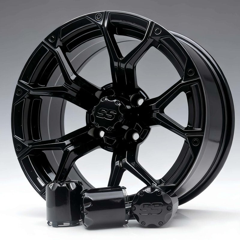 WUKO HUNT Golf Cart SS Wheel Center Cap Cover, ITP Push in Style Wheel Hub Caps Dust Cover for EZGO Club Car Yamaha and Other Models 8,10,12,14 inch Wheel,4 PCS(Gloss Black with Black SS)