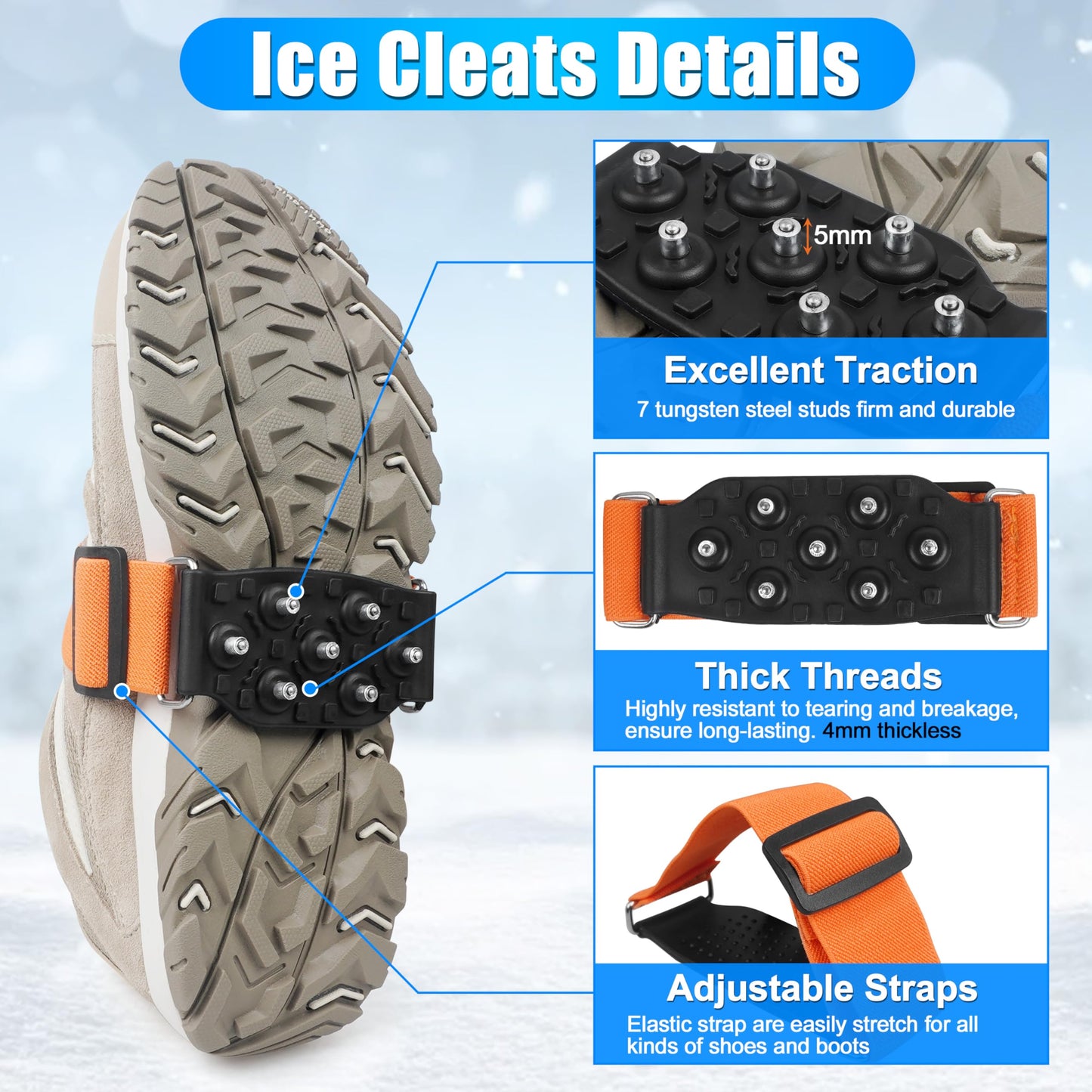 Ice Cleats Snow Traction Cleats for Walking on Snow and Ice Mid-Sole Non-Slip Crampons with Adjustable Straps 7 Tungsten Studs for Grippers Anti Slip Traction Cleats for Walking Jogging Hiking S-1pair