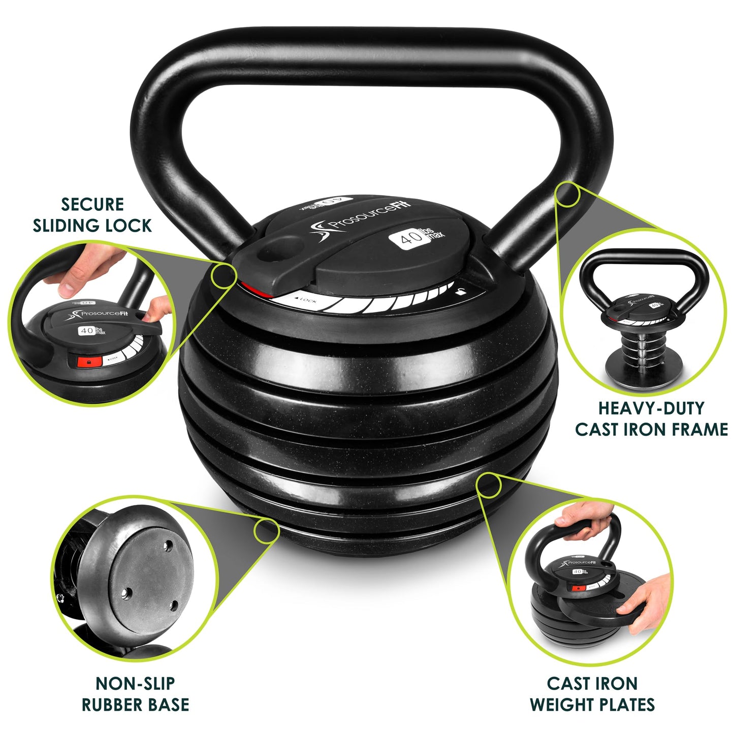 ProsourceFit Adjustable 40-lb Cast Iron Kettlebell Weight Set for Home Gym Strength Training