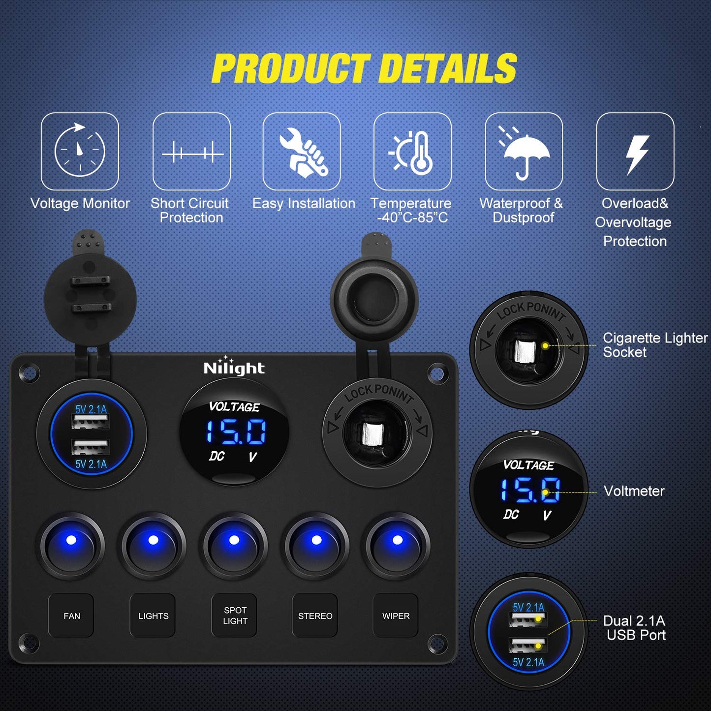 Nilight 90101E Multi-Function 5 Gang Rocker Switch Panel - Dual USB Charger & Digital Voltmeter for RV, Boat, Truck | Pre-Wired with Circuit Breakers, Blue