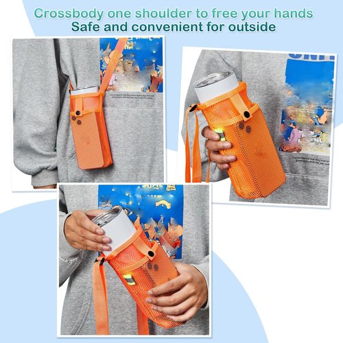 Mumufy Mesh Water Bottle Sling Holder with Adjustable Strap Crossbody Bottle Sleeve Carrier with Pouch for Outdoor Activities(Fresh,16 Pcs)