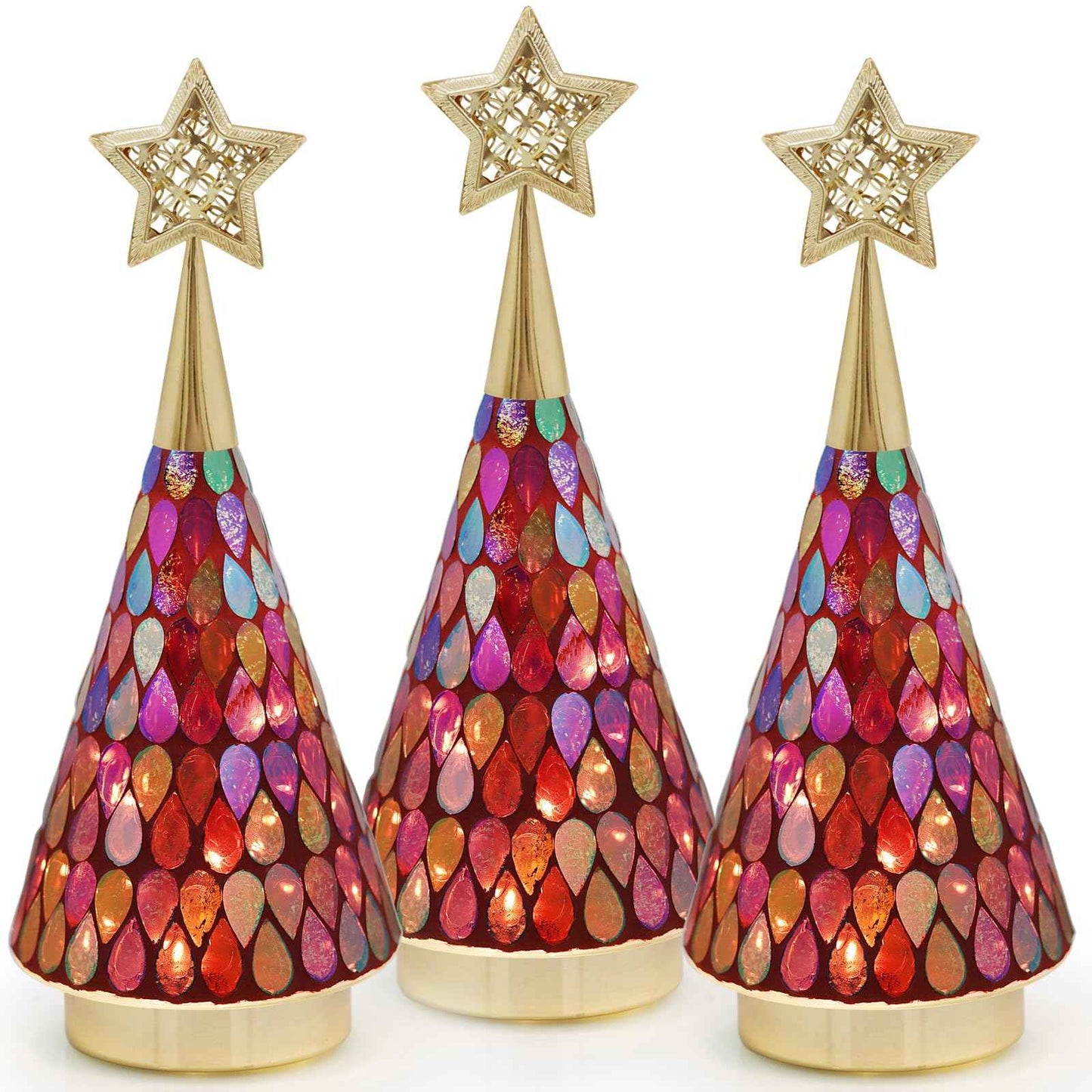Small Red Glass Christmas Trees, 3 PCS Handmade Mosaic Glass Table top Christmas Trees with Light, Battery Operated Xmas Tree for Bedroom Decor 11"