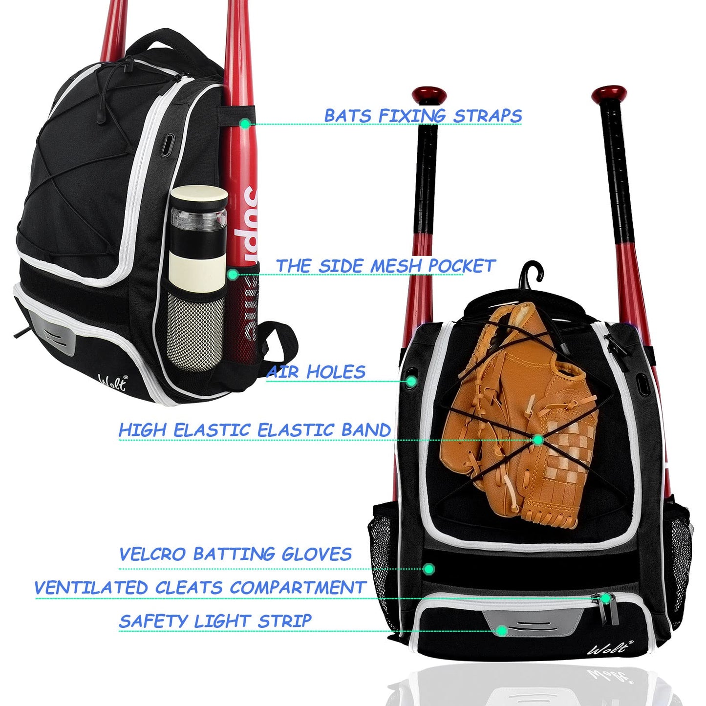 WOLT Youth Baseball Bag - Bat Backpack for Baseball, T-Ball & Softball Equipment & Gear, Bat & Glove Holder, Large Main Compartment for Helmet & accessories, Separate Shoes Compartment, Fence Hook