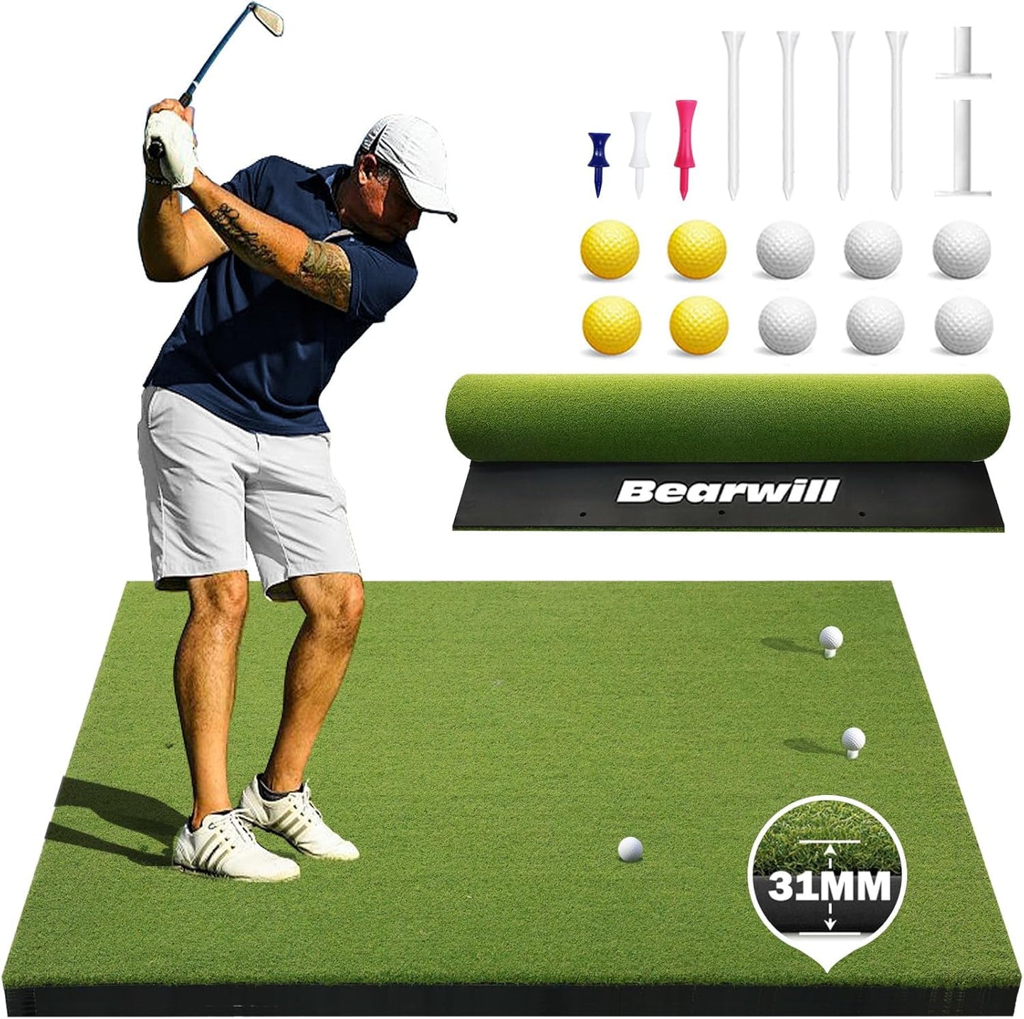Bearwill Golf Mat 31mm, 5ft x 4ft Golf Hitting Mat for Indoor Outdoor Practice, High-Elasticity Elite Artificial Grass Simulator Turf Mat for Chipping Swing Driving Training