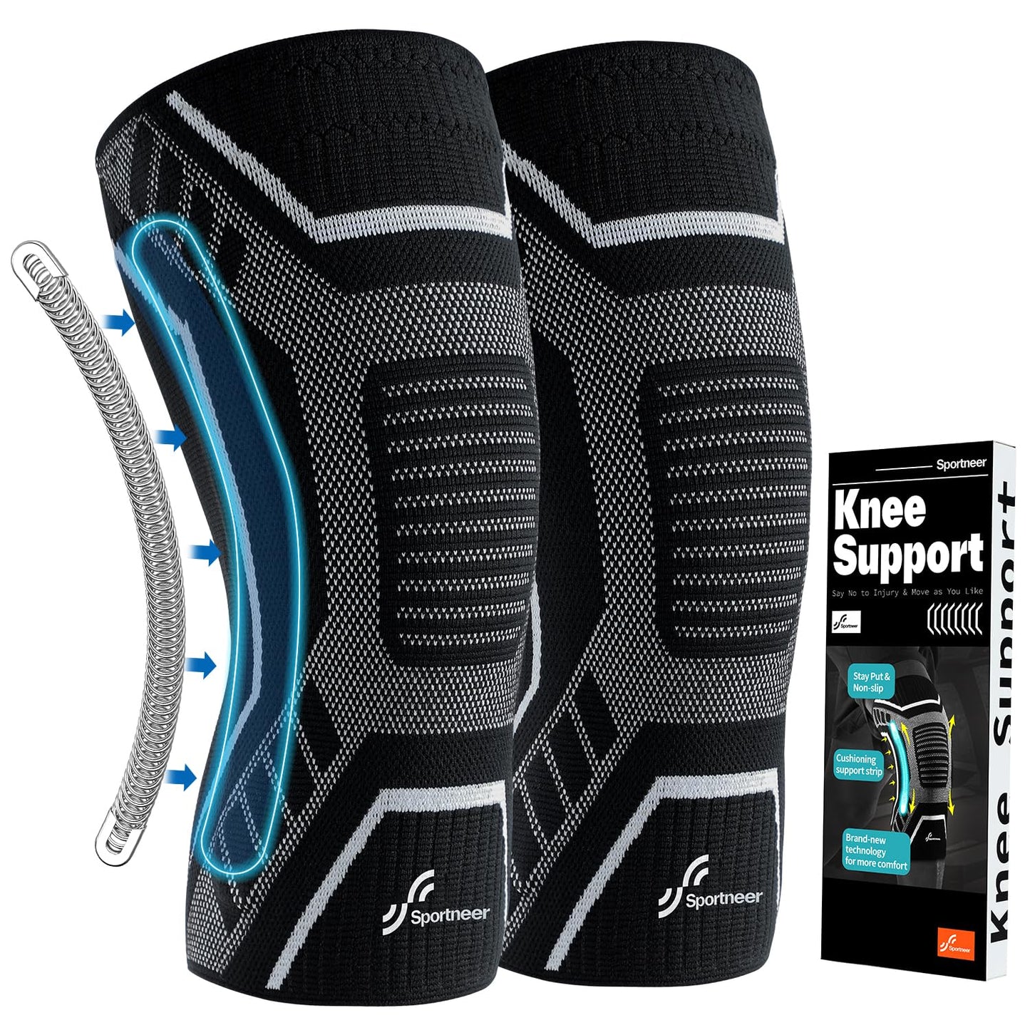 Sportneer Knee Brace with Dual Side Stabilizers – Maximum Support Compression Knee Sleeve for Men & Women, Anti-Slip Knee Support for Running, Workout, Arthritis, ACL & Pain Relief