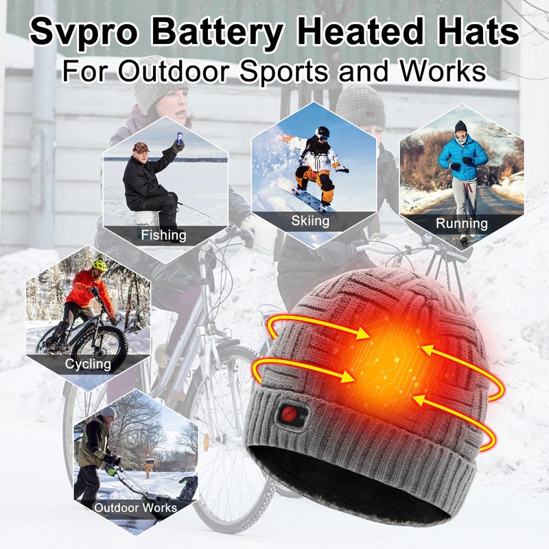 SVPRO Men Women Rechargeable Electric Heated Hat Winter Warm Hat Battery Heating Beanies with 3 Temperature Settings,Heated Beanie Skull Cap Hat Work Up to 3-7H Grey