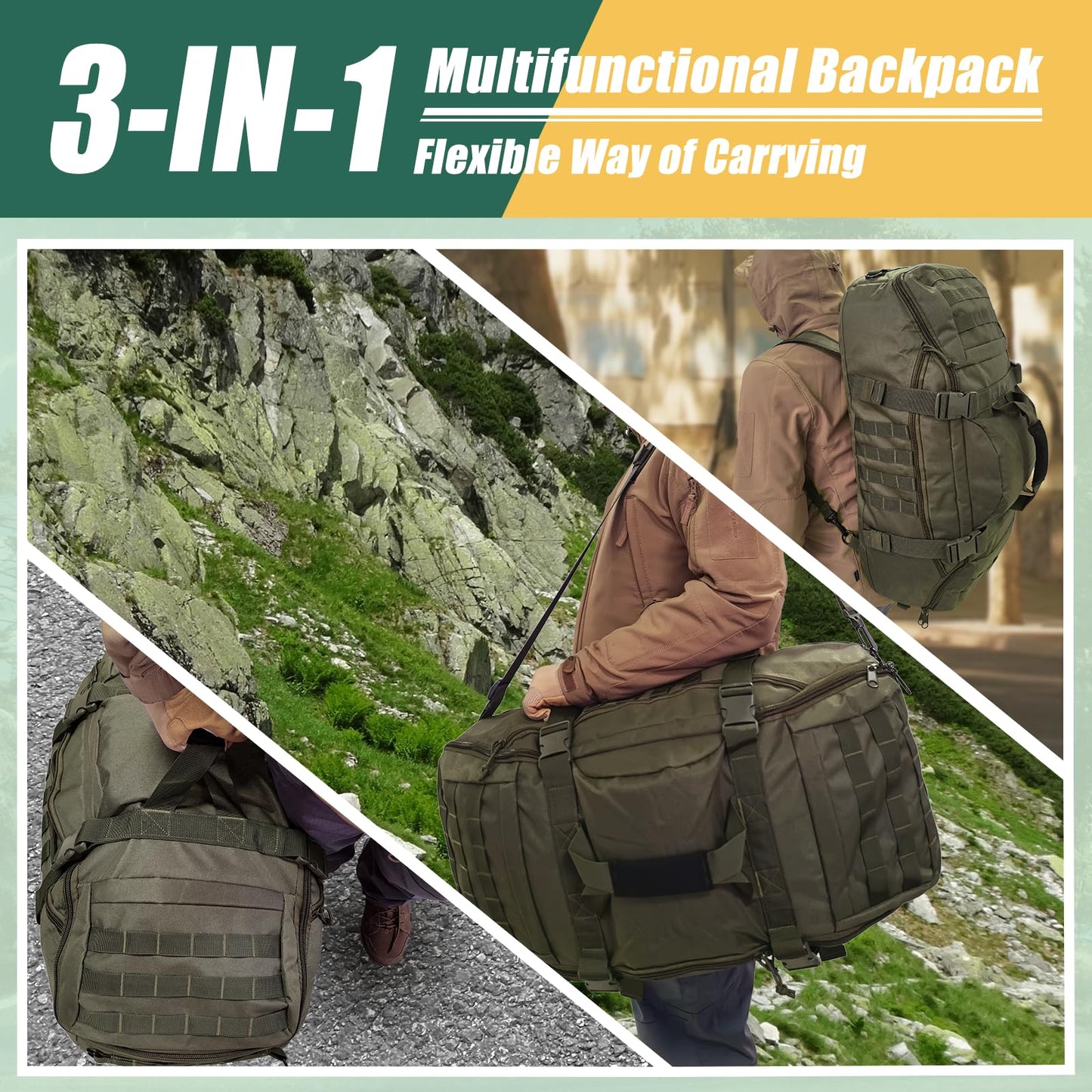 EASY BW 65L Large Travel Gym Duffle Bag with Tensile Strength Pom Buckle Military Tactical Backpack, Army Pack for Outdoor Sport with Molle System, Olive Green