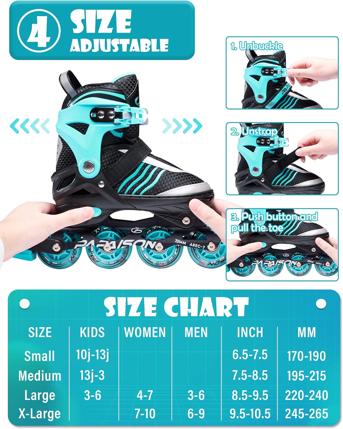 PAPAISON Adjustable Inline Skates - Light Up Wheels for Kids Ages 4-16 | Perfect for Outdoor Fun