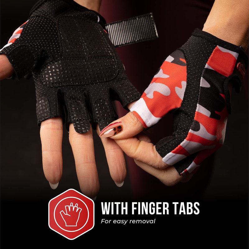 Contraband Pink Label 5217 Women's Design Series Camo Print Lifting and Rowing Gloves (Pair) - Lightweight Vegan Medium Padded Microfiber Amara Leather w/ Griplock Silicone (Red, Medium)