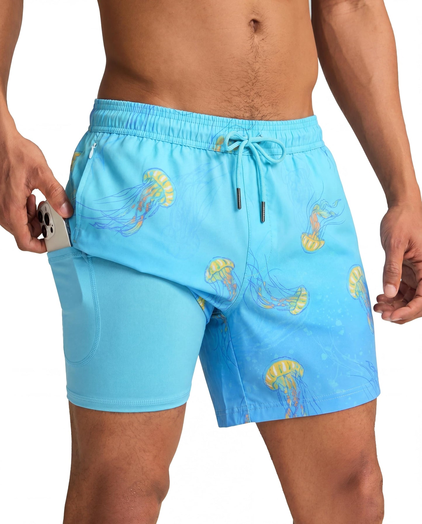 maamgic Mens Swim Trunks with Compression Liner 5 Inch, Quick Dry Bathing Suit with Zipper Pockets, Stretch No-Chafing Swim Shorts, Medusa Large