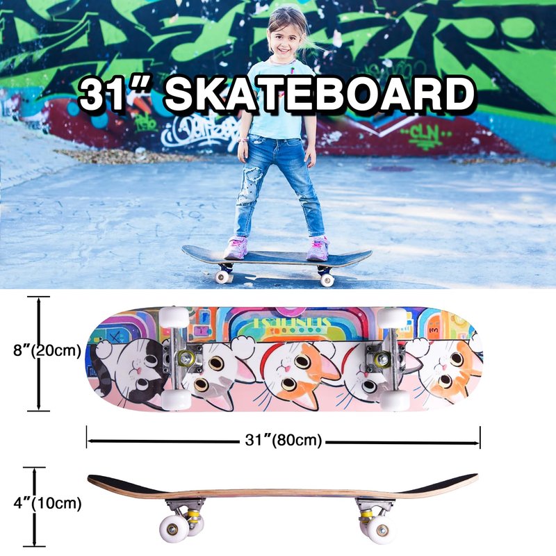 Skateboards for Beginners Kids Boys Girls Teens and Adults, 31 Inch Complete Standard Skateboards with 7-Layer Maple Double Kick Deck Unicorn and Skull Design (Cates)