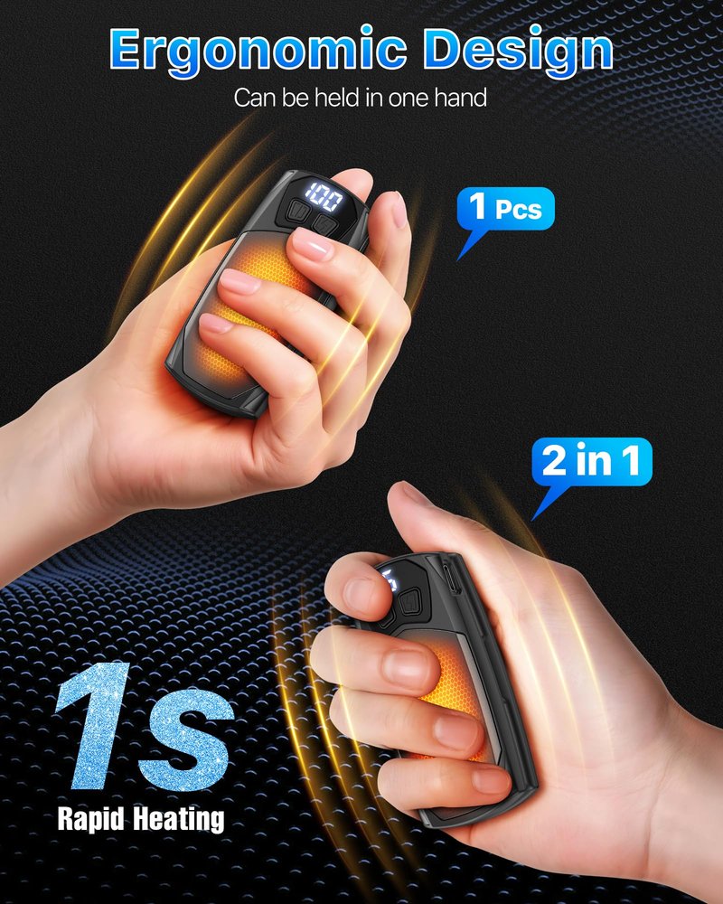 Kesguar Hand Warmers Rechargeable 2 Pack - 6000mAh Electric AI Handwarmers, LED Display & 5-Level Heating, 20Hrs Long Lasting, 2-in-1 Portable Heater, Gifts for Valentine's Day/Golf/Hunting