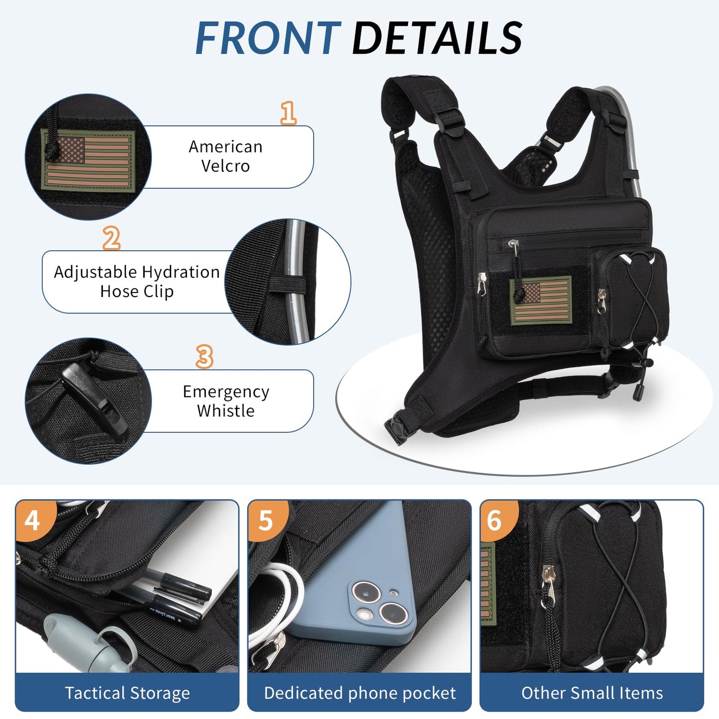 Runlight Running Vest,Lightweight Adjustable Chest Pack with Pistol Holster, Pack with 1.5L Water Bladder, Reflective Running Hydration Vest (Black, One Size)