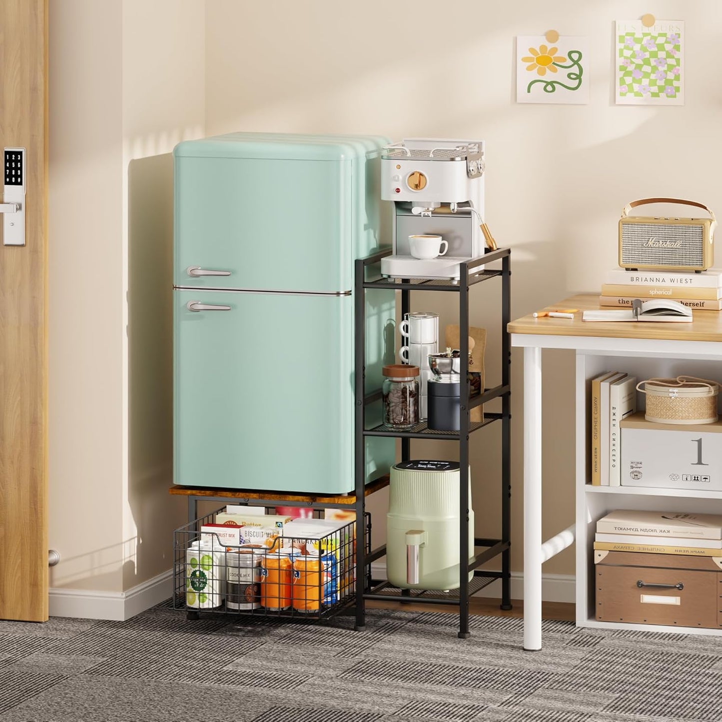 Yuyetuyo Mini Fridge Stand - Stylish Coffee Bar & Wine Cabinet with Storage Basket | Perfect for Dorms & Offices