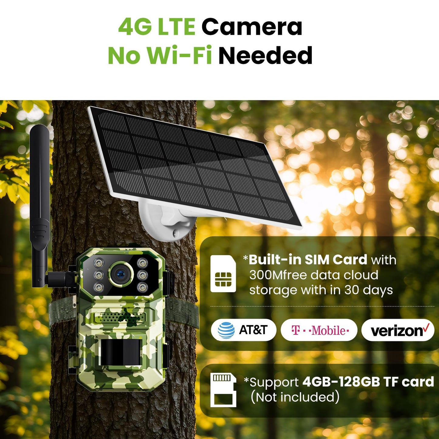 4G LTE Smart Trail Camera,HD Night Vision, IP65 Waterproof, 0.3s Trigger Speed, 2K Live Video & Photo, Motion Capture,Hunting Cam with SIM Card,Solar Power Charging,APP Control.
