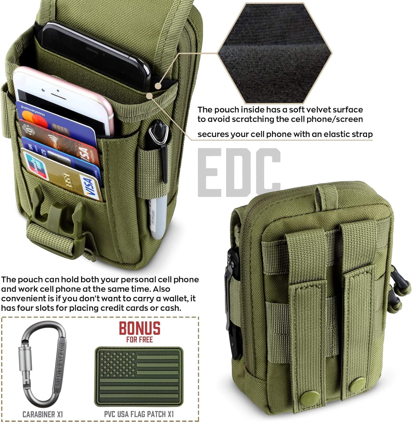 WYNEX Tactical Compass Phone Pouch - Large Molle Smartphone Holster with Double Capacity & Carabiner