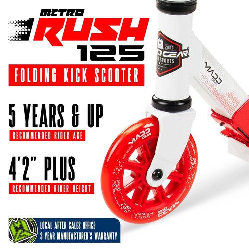 Kick Scooter for Ages 5+ - Kids, Teens & Adults. Max Load 220lbs. Foldable, Light-Up Wheels, Adjustable Height, Lightweight - Rush 125 Madd Gear