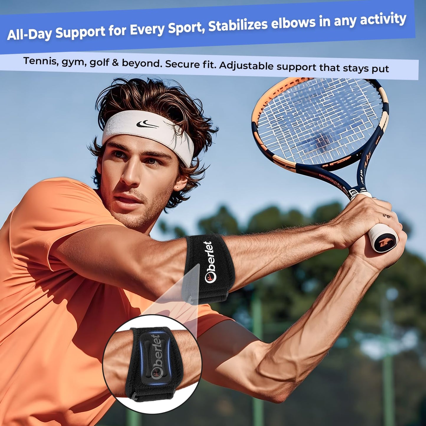 Oberlet Tennis & Golfer's Elbow Brace Strap for Men Women, Black 1 Pack