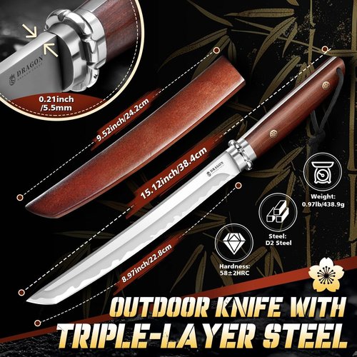 Dragon Creek Fixed Blade Knife - Plain Outdoor Survival Knife with Wooden Sheath Full Tang Handle for Camping Hiking Gift Men