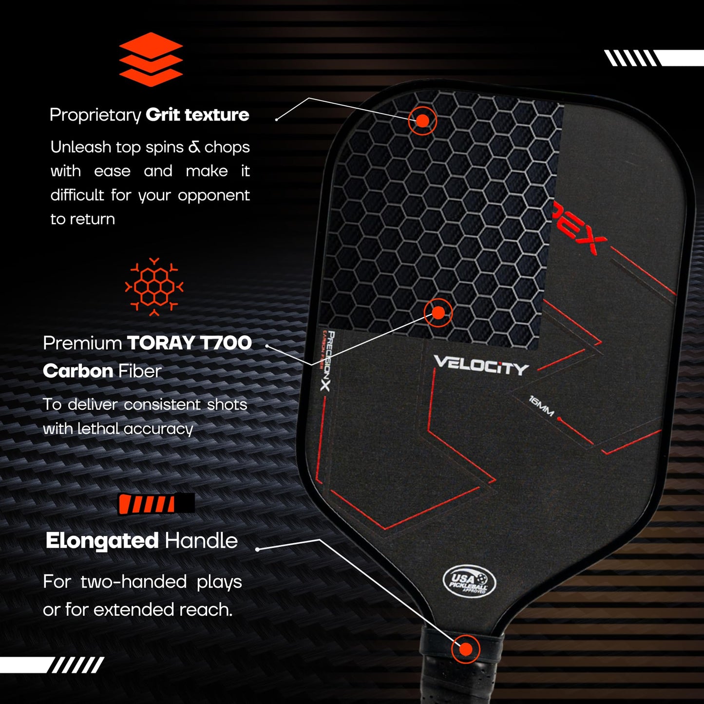 Velocity Pickleball Paddle, T700 Carbon Fiber Pickleball Paddle with 16mm Proprietary Core High Grit Surface, USAPA Approved, Elongated Anti-Slip Handle for Power, Spin & Control and Shoot at 60mph