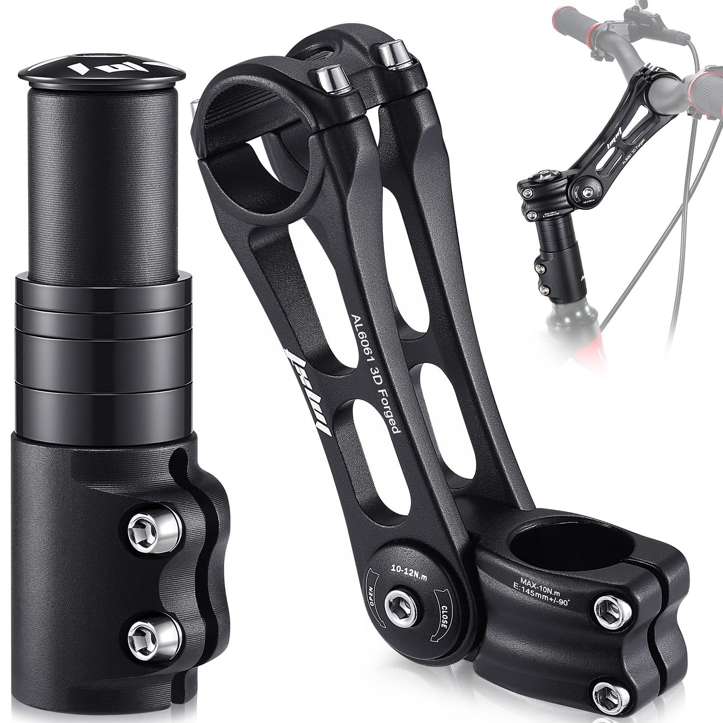 TOBWOLF Bike Stem Riser & Adjustable MTB Bicycle Stem, Universal 31.8mm Bike Stem, ±90 Degree Handlebar Stem for Angle Adjustment, 28.6mm Bike Fork Stem Extender for E-Bike Road Bike BMX Bicycle