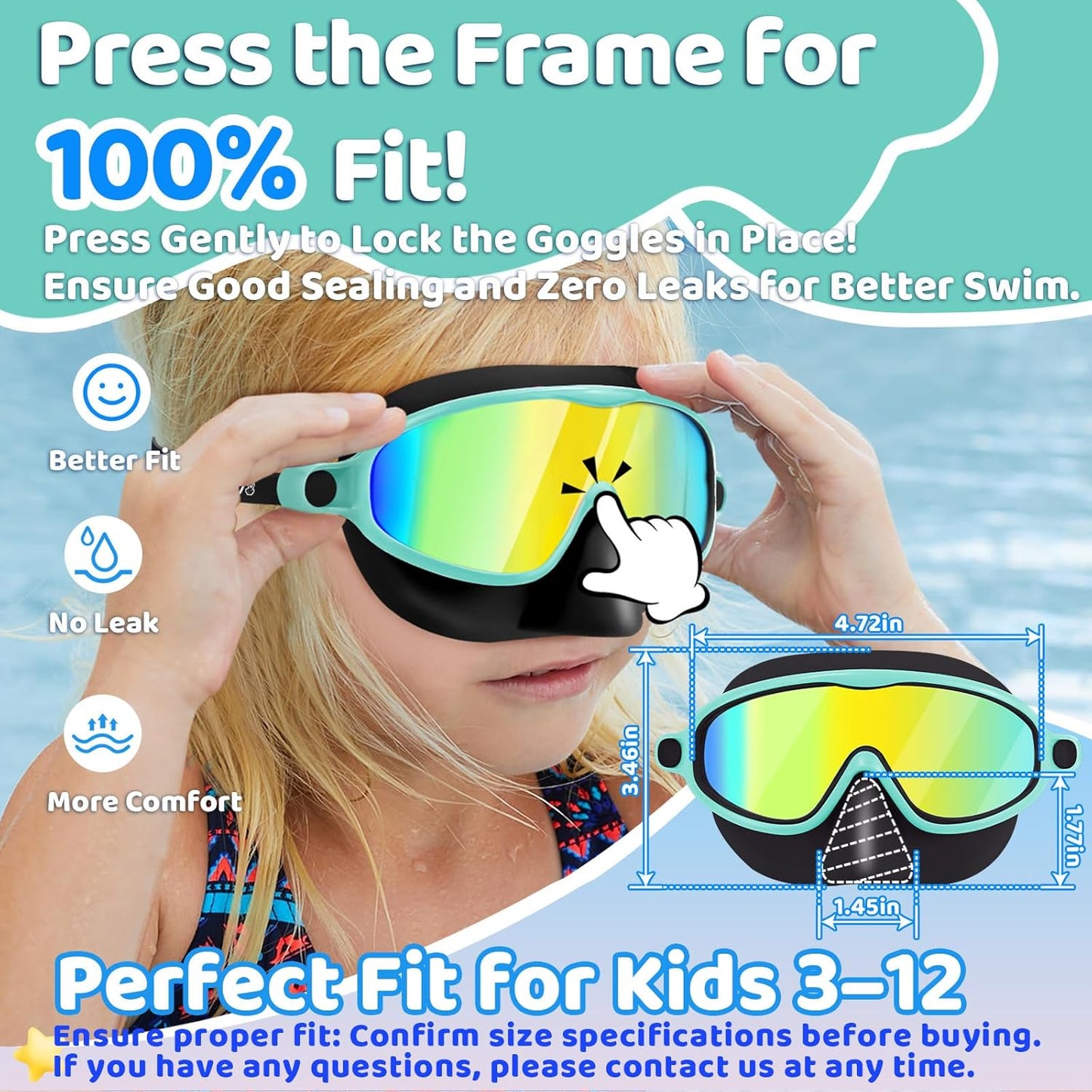 Vvinca Swim Goggles - Anti-Fog Wide View Diving Mask with Nose Cover | 2-Pack for Kids Ages 3-15