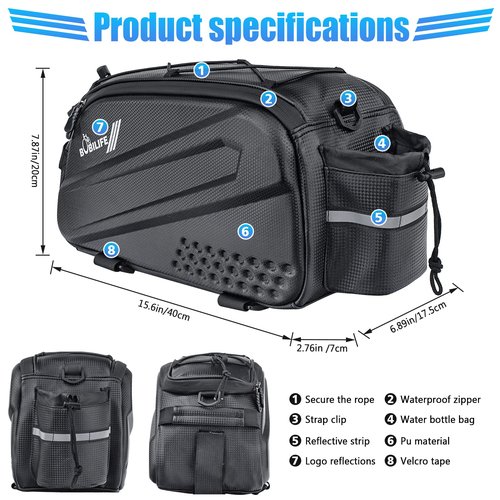 BOBILIFE Bike Trunk Rear Rack Bag - Waterproof Bicycle Travel Expedition Rack Cargo Helmet Carrier Bag with Bottle Holder for Bicycle, E-Bike