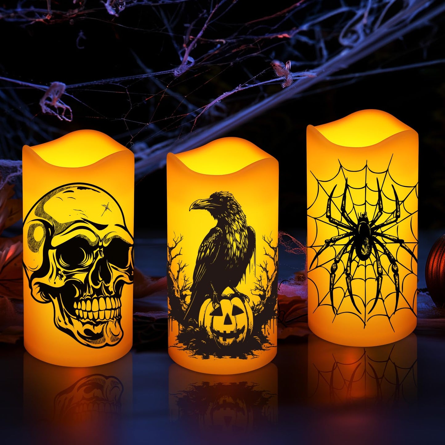 Halloween Decorations Indoor Flameless Candles Flickering Lights with Skull Spider Webs Crow Pumpkins Bats Witch, 6 Hrs Timer for Home Window Mantel 3 Pack