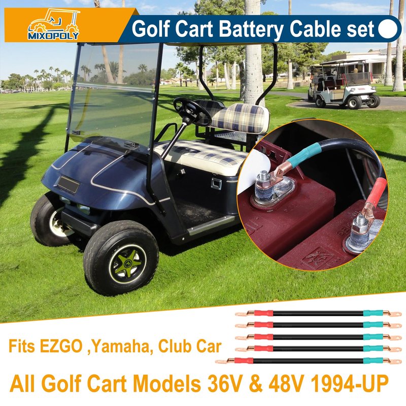 Mixopoly 4 Gauge Golf Cart Universal Battery Cable Kit Replacement for EZGO,Yamaha, Club Car All Models 36V & 48V 1994-UP, Pure Copper AC/DC Battery Wiring Kit (5-Piece Set)