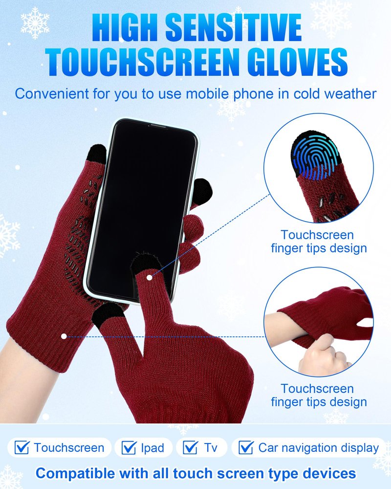 Shyyween 8 Pcs Winter Beanies and Gloves Set for Men Women, Stretchy Knitted Hats Touch Screen Gripper Glove Unisex Warm Gift(Black, Wine Red, Navy Blue, Gray)