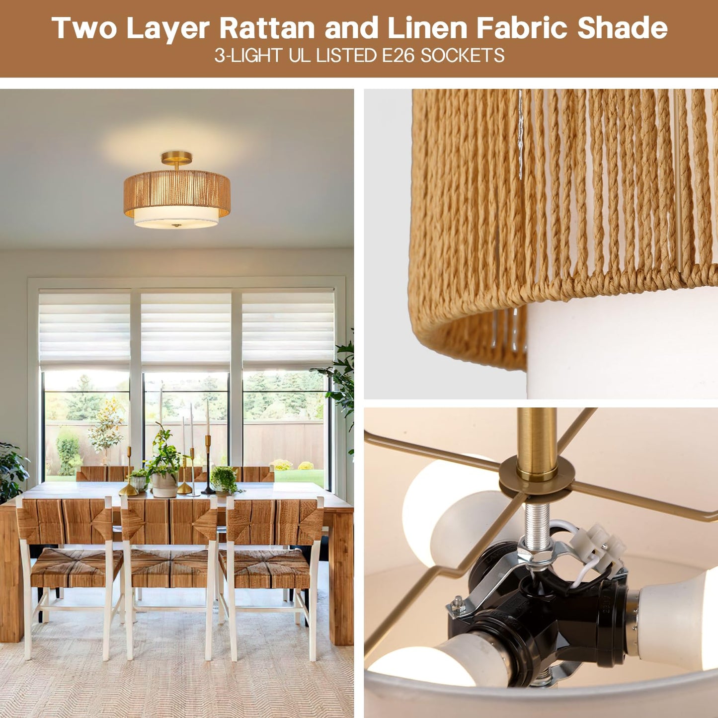 Scyvenra 16'' Semi Flush Mount Ceiling Light Fixture, Boho Light Fixtures with 2-Tier Drum White Fabric Shade, 3-Light Farmhouse Rattan Drum Light Fixture for Bedroom, Living Room, Kitchen