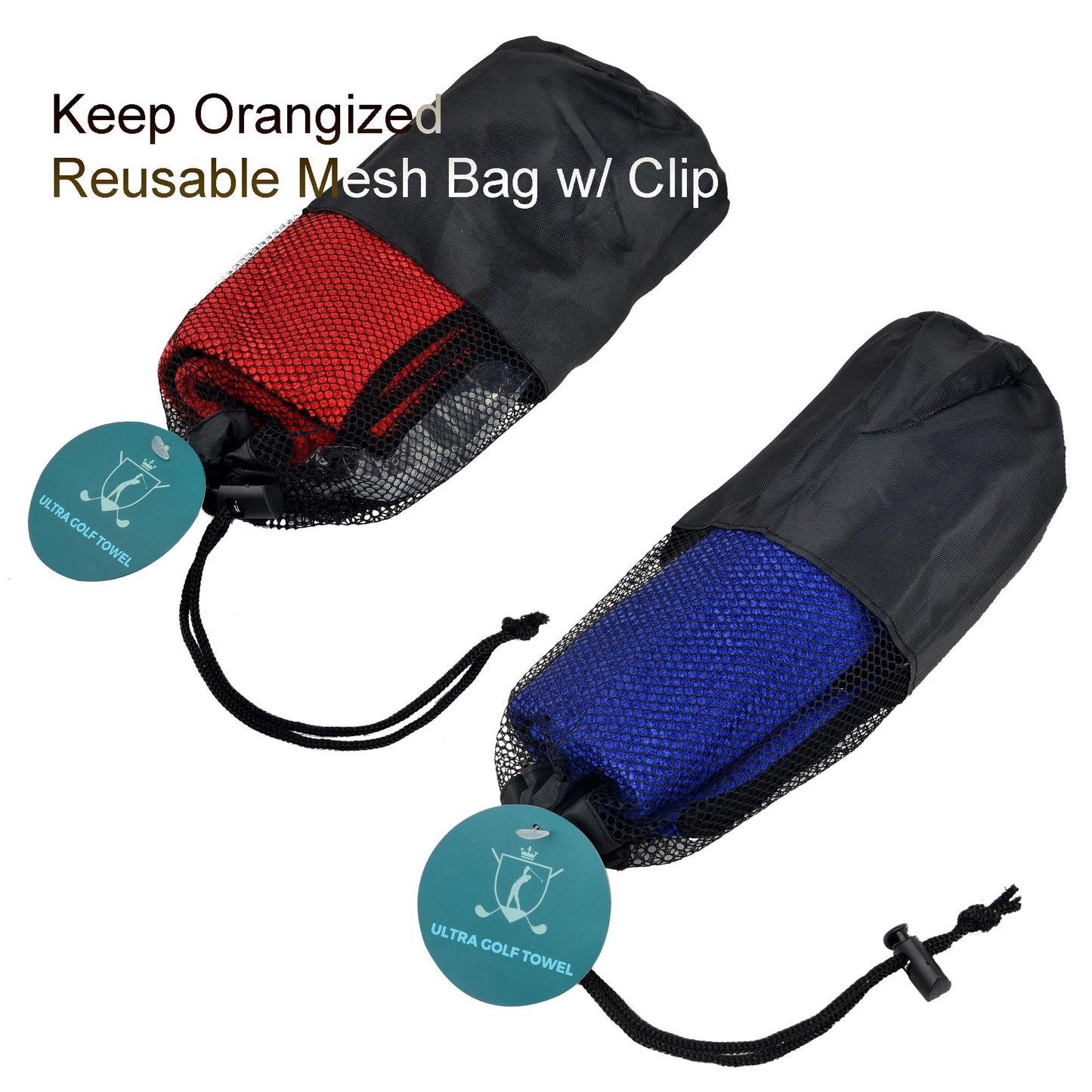 2-Pack Golf Towel & Club Brush Set – Microfiber Waffle Towels + Retractable Groove Cleaners – Bonus Carry Pouch – Lint-Free & Fast Drying (Red and Blue)