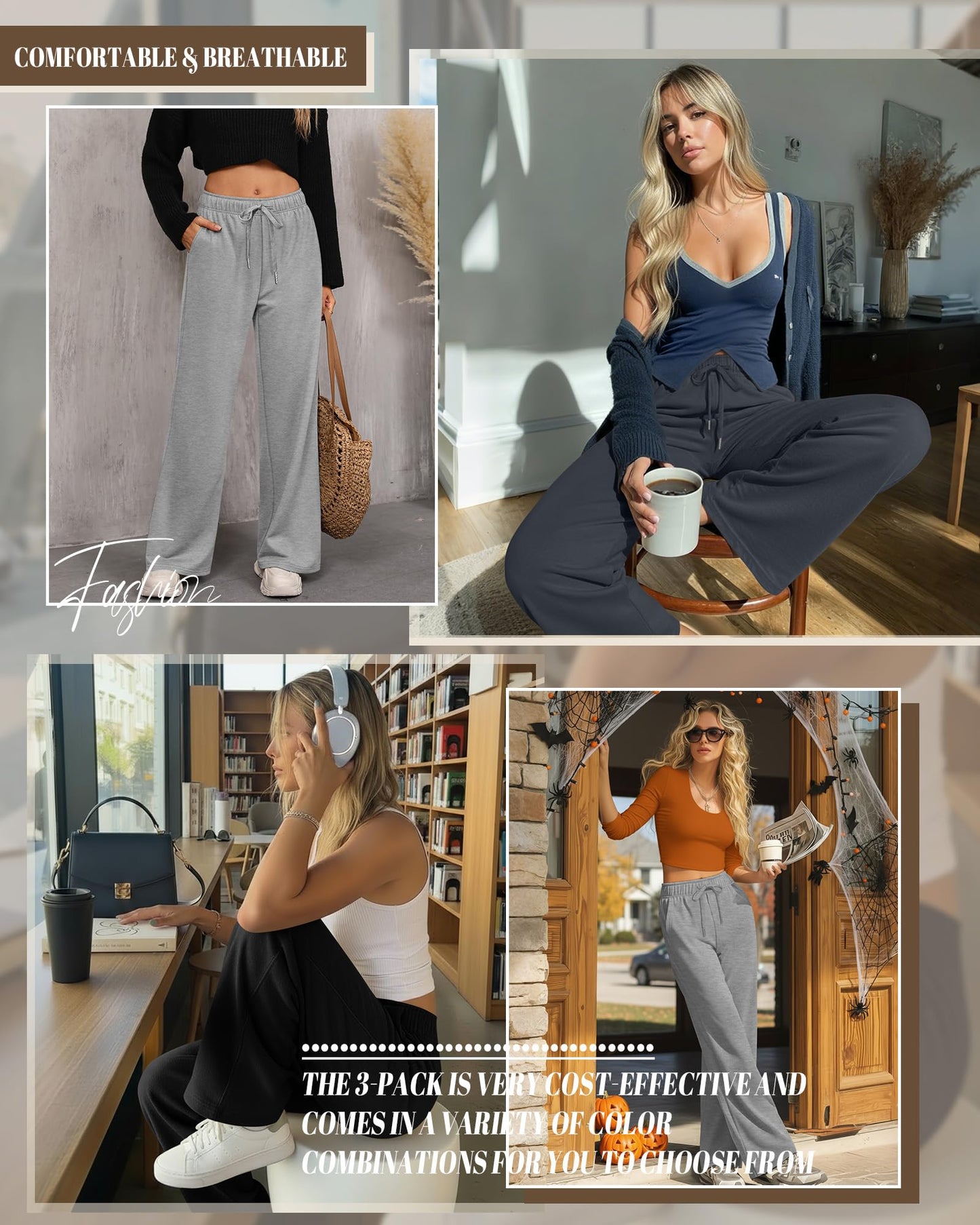 Riyiper 3 Pack Women Wide Leg Sweatpants Drawstring Straight Pants Elastic Waist Joggers Open Bottom Sweatpants with Pockets (Light Gray, Dark Gray, Black,S)