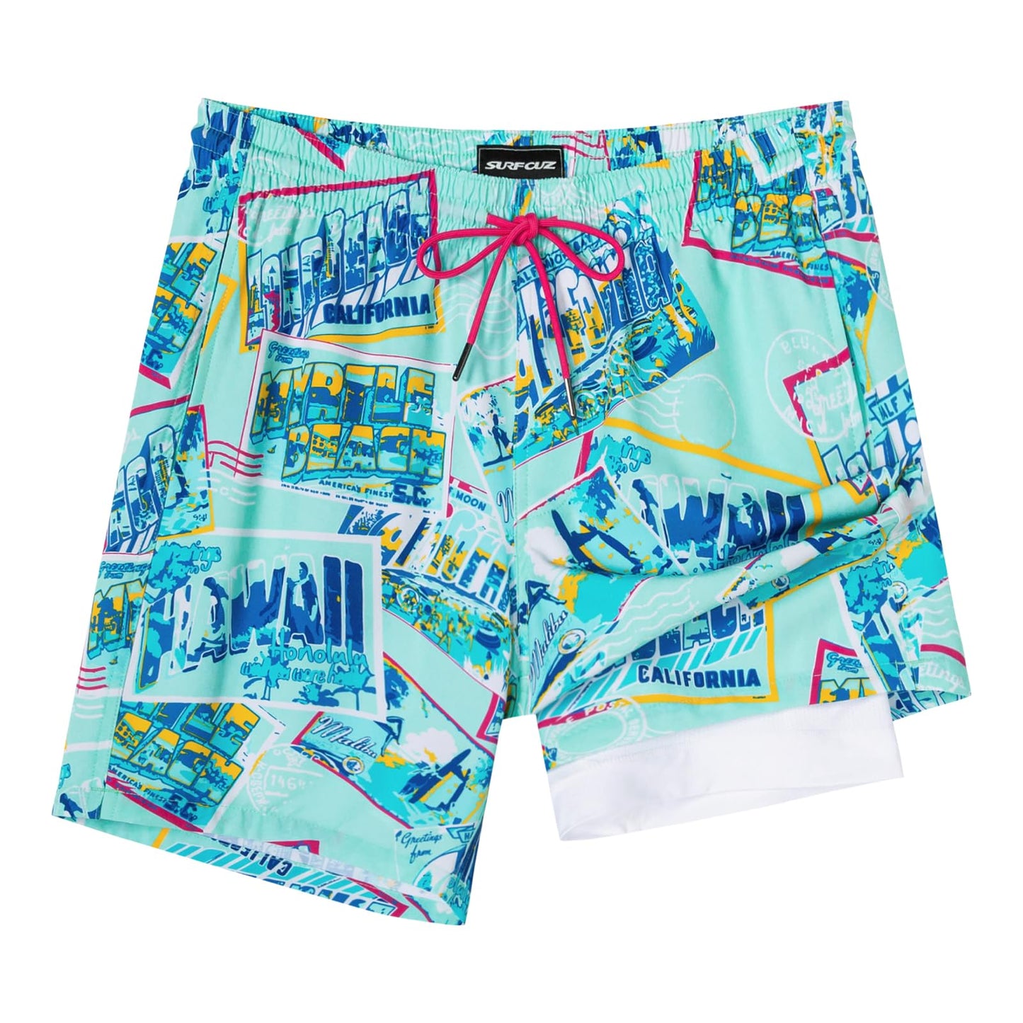 SURF CUZ Mens Swim Trunks with Compression Liner Quick Dry Swim Shorts 7" Swimming Trunks Stretch Bathing Suit 7 Inch,Beach Snapshot,M