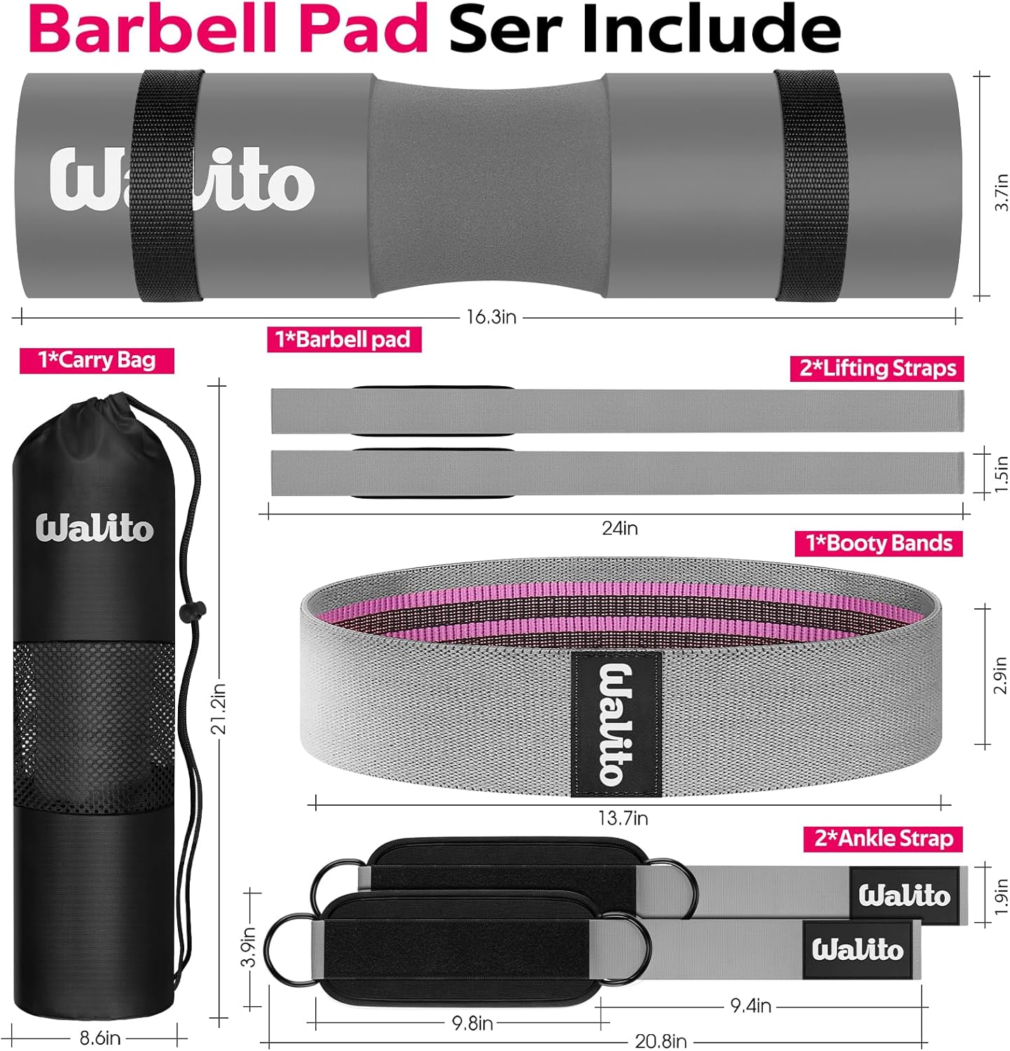WALITO Barbell Pad Set - 8Pcs Hip Thrust & Squat Pad with Ankle Straps & Resistance Bands