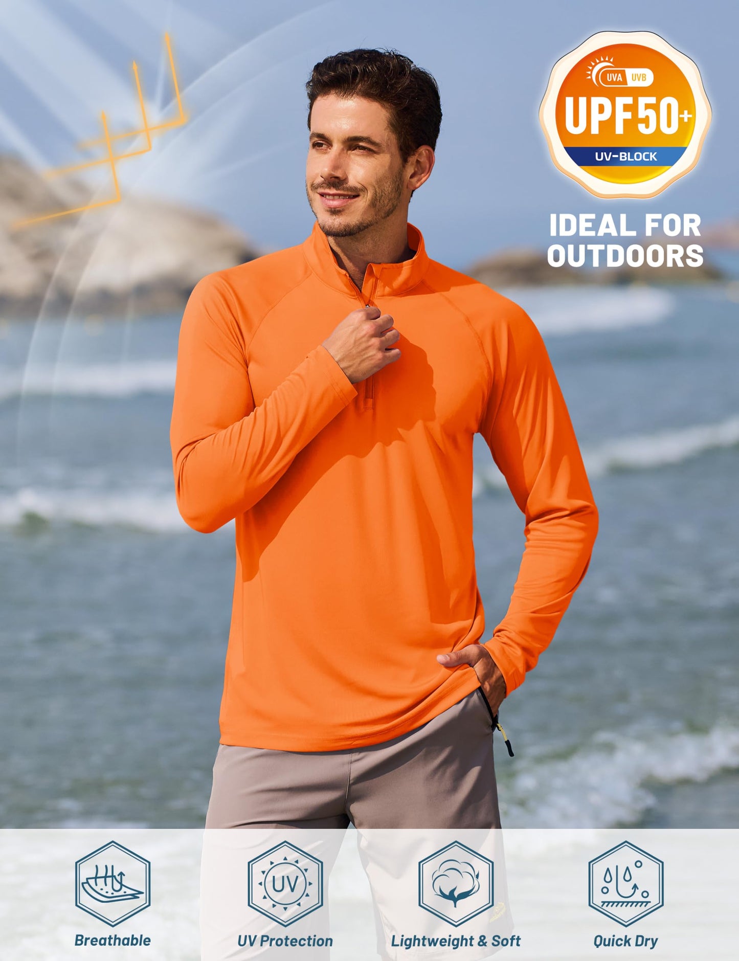 TACVASEN Running Shirts for Men Long Sleeve UV Protection 1/4 Zip Shirts for Athletic Summer Tops for Mens Rash Guard Golf T-Shirts Orange XL