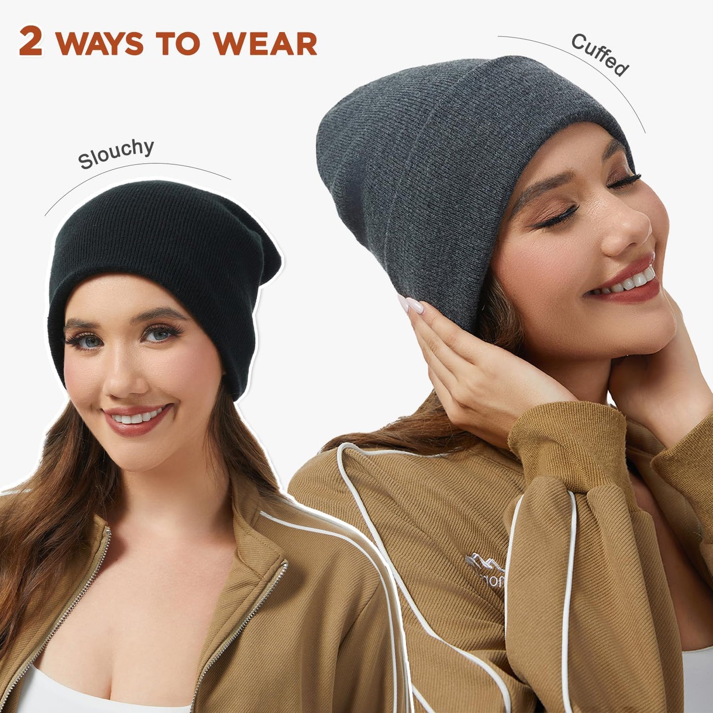 LEADUWAY 2 Pack Beanie Hats for Women & Men Winter, Satin Lined Beanies, Double Layer Warm Womens Winter Hats (US, Alpha, One Size, Black/Dark Grey