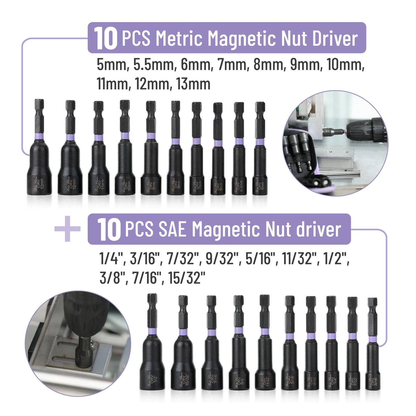 Bates Choice Magnetic Nut Driver Set, 20pc, Metric & SAE, 5-13mm, 3/16"-1/2", Hex Nut Driver Set with Storage Bag