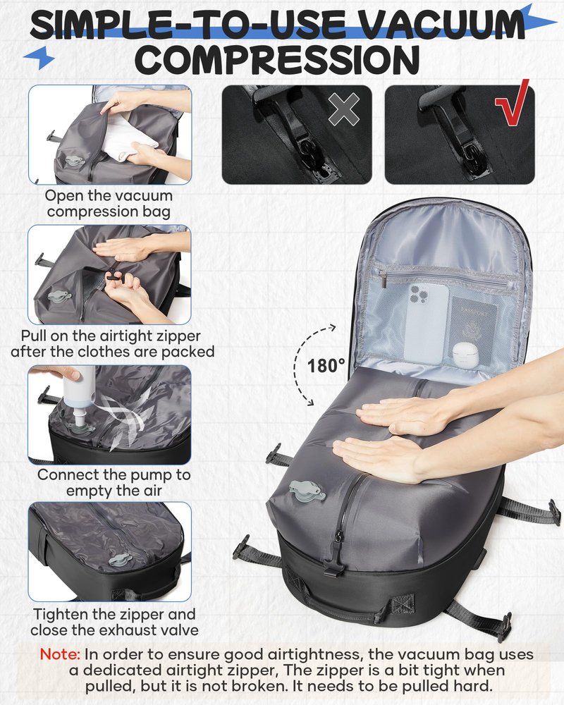 SEAFEW Black Vacuum Travel Backpack with Electric Pump, Carry on Backpack Flight Approved for Women, Casual Daypacks Cabin Bagage, Hiking Backpack Lightweight Rucksack with USB Charger