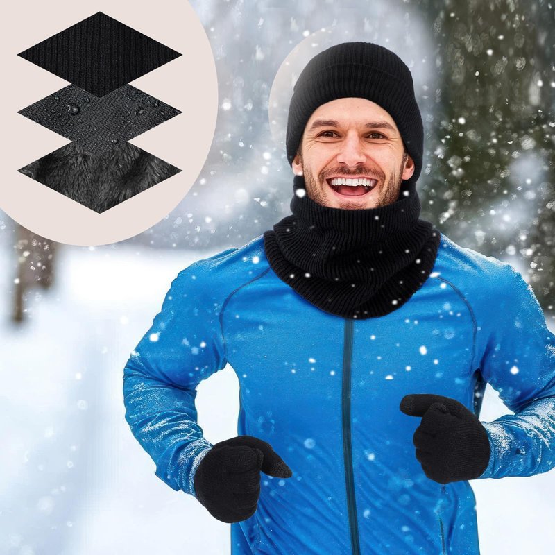 Silicherry 3 Pcs Waterproof Beanie Hat Circle Scarf Touchscreen Gloves Set for Men Women Fleece Thermal Winter Hat Waterproof Windproof Cuff Beanie Gloves Neck Warmer for Ski Walking Running Black