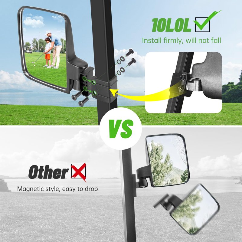 10L0L No-Drilling Golf Cart Side Mirrors - Universal Fit for Yamaha/Club Car/EZGO, 180° Foldable Shatterproof Glass with Anti-Fog & Reflective Stickers