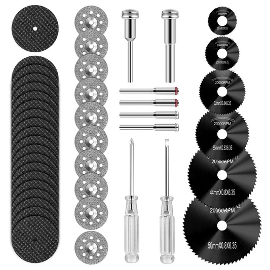 44pcs Black Cutting Wheel Set Compatible with Plastic for Rotary Tool, HSS Circular Saw Blades 6pcs, Resin Cutting Discs 20pcs, 545 Diamond Cutting Wheels 10pcs